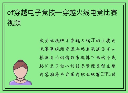 cf穿越电子竞技—穿越火线电竞比赛视频